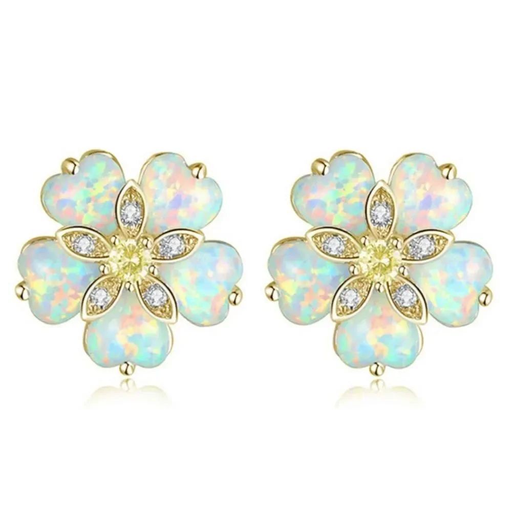 14K Yellow Gold with White Fire Opals and Yellow Citrine Flower Stud Earrings